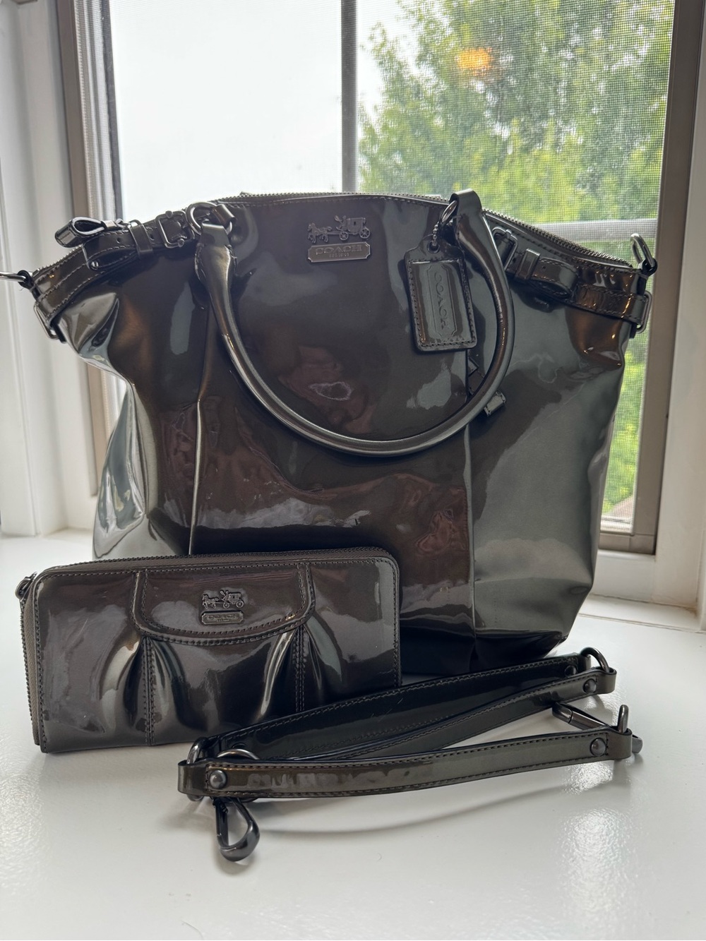 Coach Pewter Patent Leather Lindsey Satchel & Wallet Bundle with Dust Bag